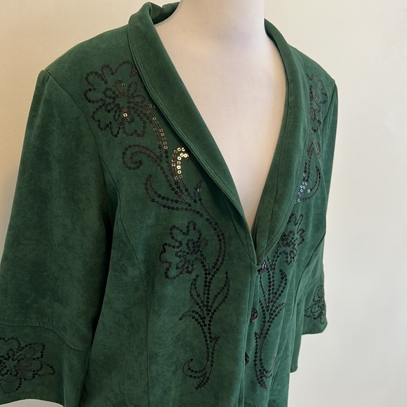 Bob Mackie Green Faux Suede Sequined Bell Sleeve Jacket - Picture 5 of 8